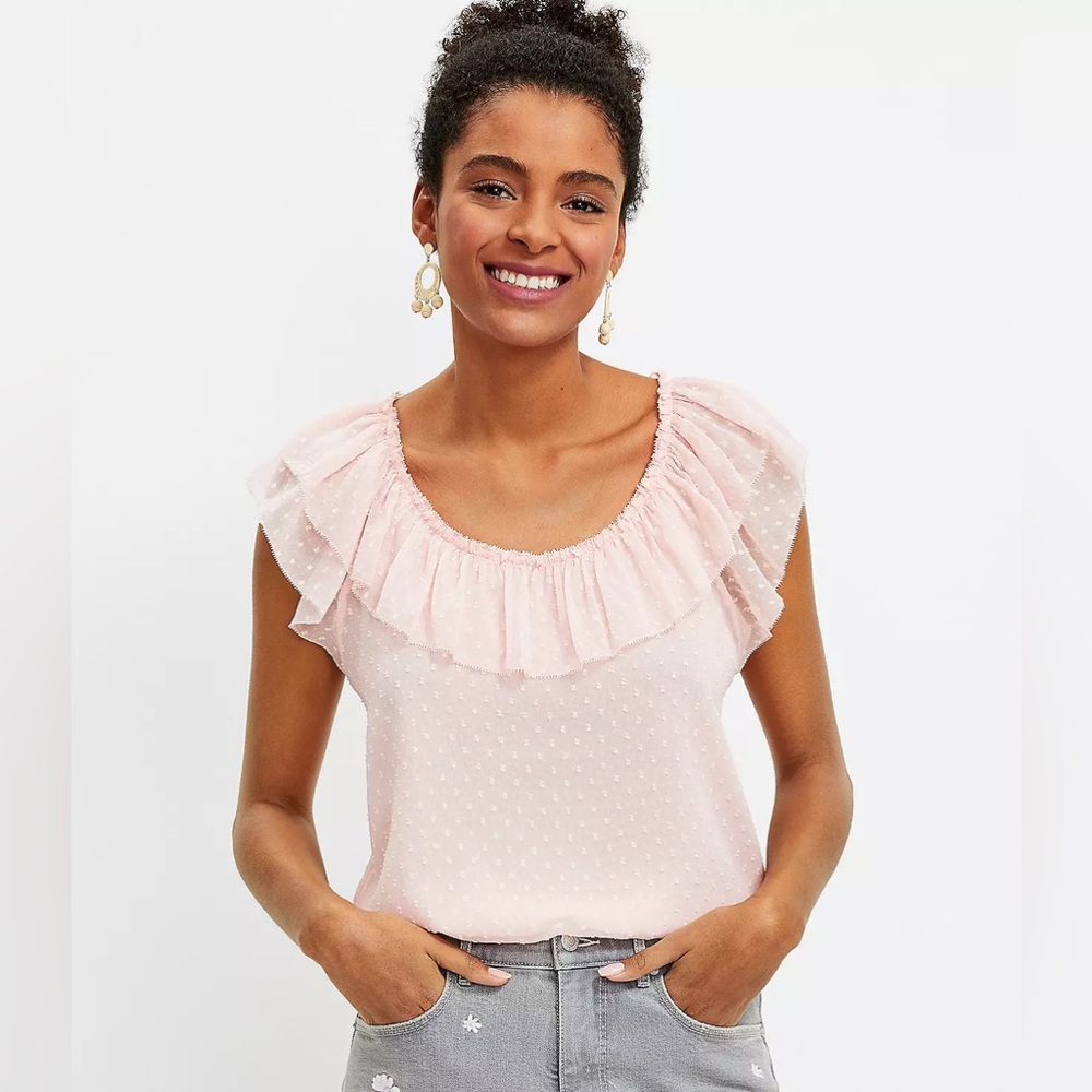 New Loft Pink Clip Dot Ruffled Neckline Top Blouse